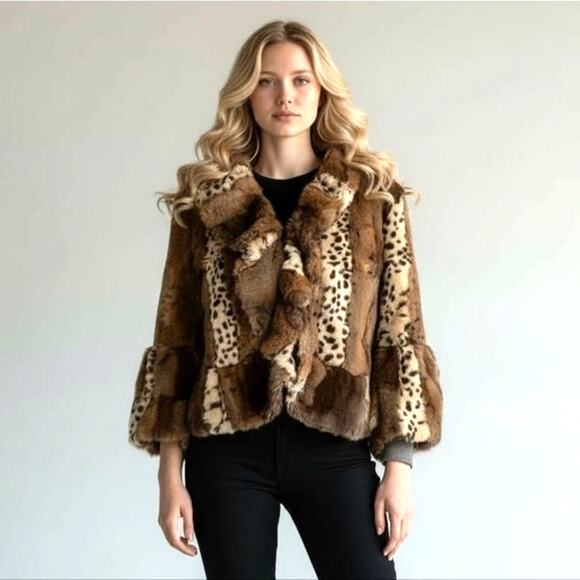 Vintage Jackets & Blazers - Y2K Pea Coat Sz M Faux Leopard Patchwork Animal Print Jacket Cropped Bell Ruffle